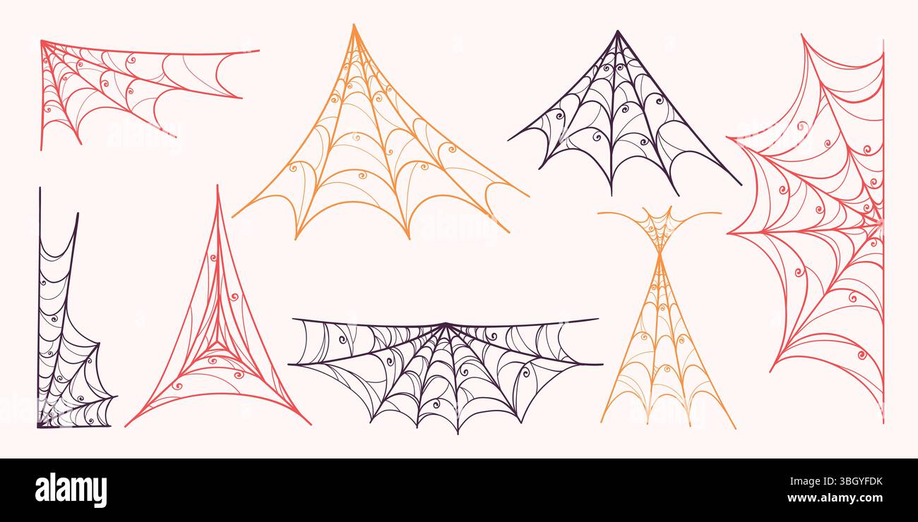 Spider Web Collection in stile disegnato a mano. Doodle aracnid web perfetto per biglietti, inviti a feste, web, moda, stampa Illustrazione Vettoriale
