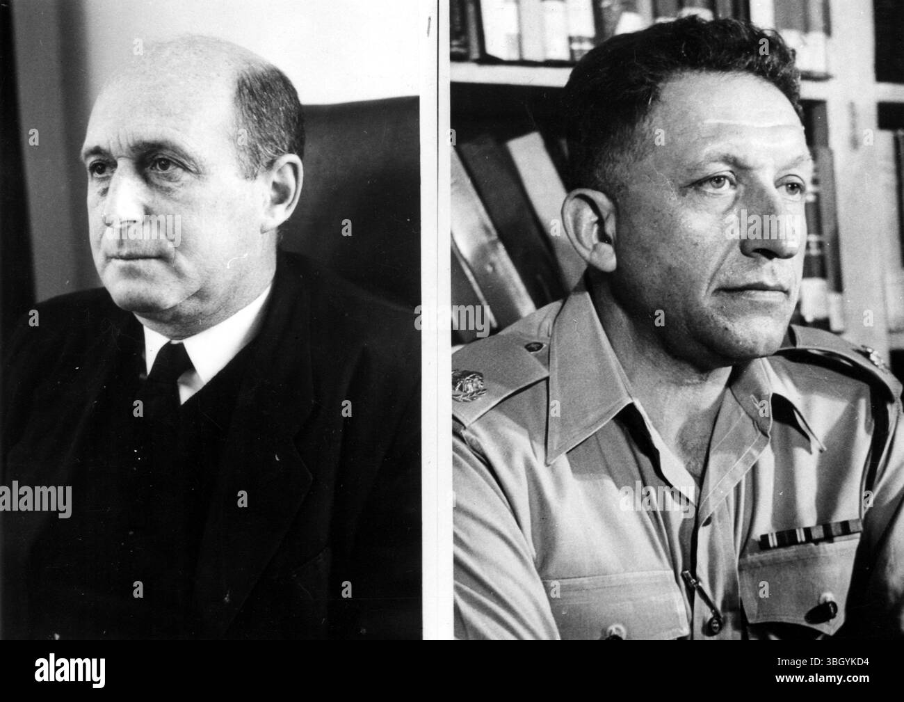 Il processo Eichmann. Ritratto appena ricevuto da Gerusalemme di, da sinistra a destra, Moshe Landau, presidente del tribunale che giudicherà l'ex leader delle SS naziste Adolf Eichmann, e di destra Abraham Selinger, della polizia israeliana. 6 aprile 1961 Foto Stock