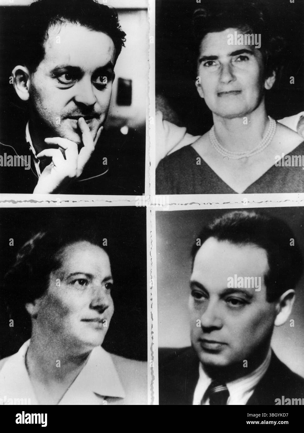 Testimonierà contro Eichmann. Ritratti appena ricevuti a Londra dei quattro testimoni che appariranno per l'accusa al processo a Gerusalemme di Adolf Eichmann. In alto da sinistra a destra, la ceca Yehuda Bakon, un'artista che vive in Israele dal 1946, Esther Luria, anch'essa un'artista, che ha viaggiato dalla Palestina al Belgio nel 1939 per studiare arte. Da sinistra a destra in basso, signora Hansi Brand, dottor Ernst Ablas. 22 febbraio 1961 Foto Stock