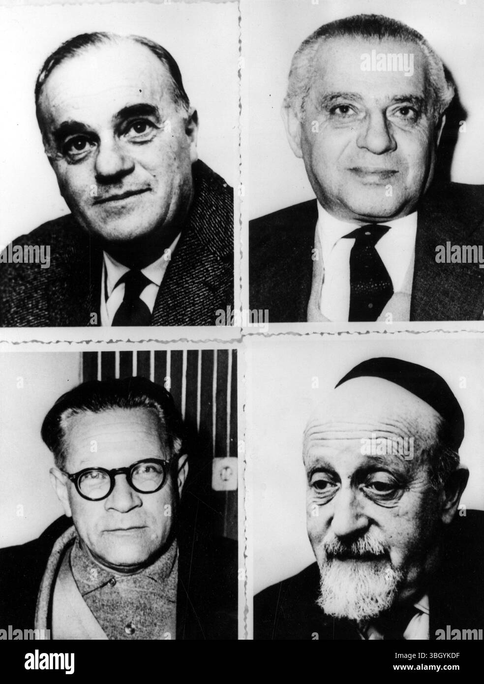 Testimonierà contro Eichmann. Ritratti appena ricevuti a Londra dei quattro testimoni che appariranno per l'accusa al processo a Gerusalemme di Adolf Eichmann. In alto da sinistra a destra, dottor Bedrick Steiner, signor Max Borger. In basso da sinistra a destra, Moshe Agami, nato a riga, in Lettonia, e Philip Pinhas Providiger. 22 febbraio 1961 Foto Stock