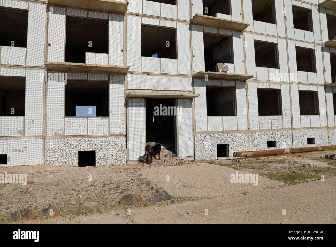 Blocco di appartamenti abbandonato costruito dai russi per il personale in una base militare in Mongolia Foto Stock