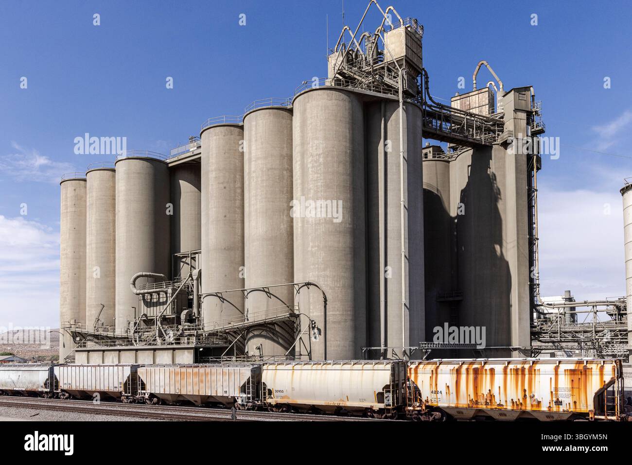 Silos in cemento per il paesaggio ferroviario industriale Foto Stock