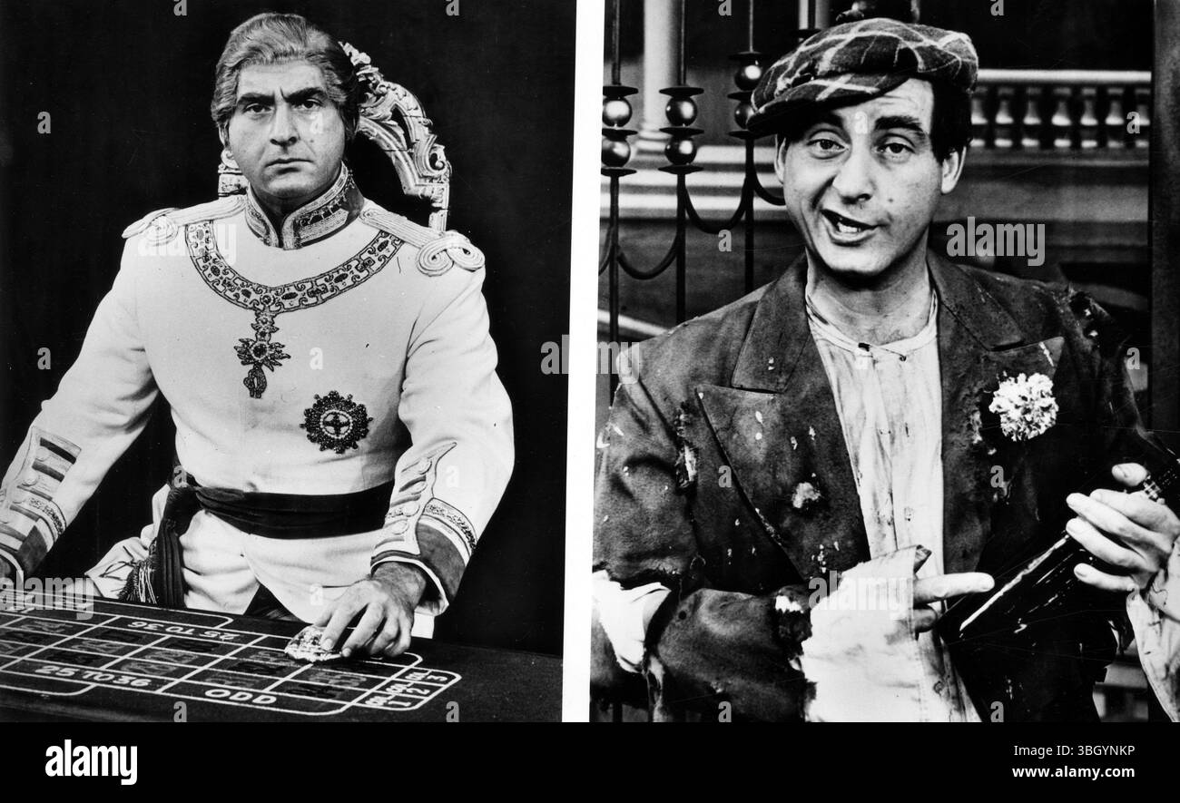 Ai fan del SID Caesar viene offerto un trattamento in sette parti nel nuovo musical di Broadway Little me . La star della commedia televisiva è vista a sinistra come il solenne ' Prince Charley ' e a destra ' El Sid ' impersona ' Noble Eggleston ' Foto Stock