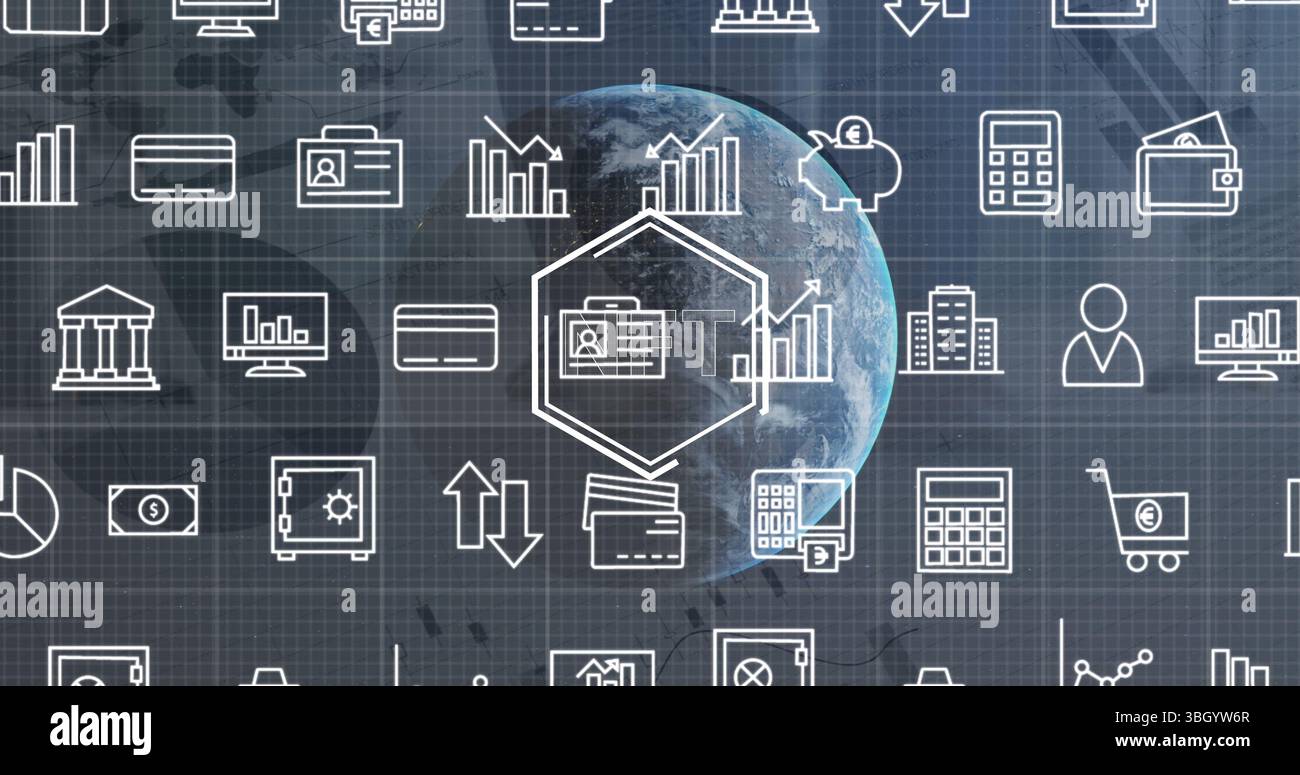 Immagine delle icone finanziarie sul globo e dei dati finanziari Foto Stock