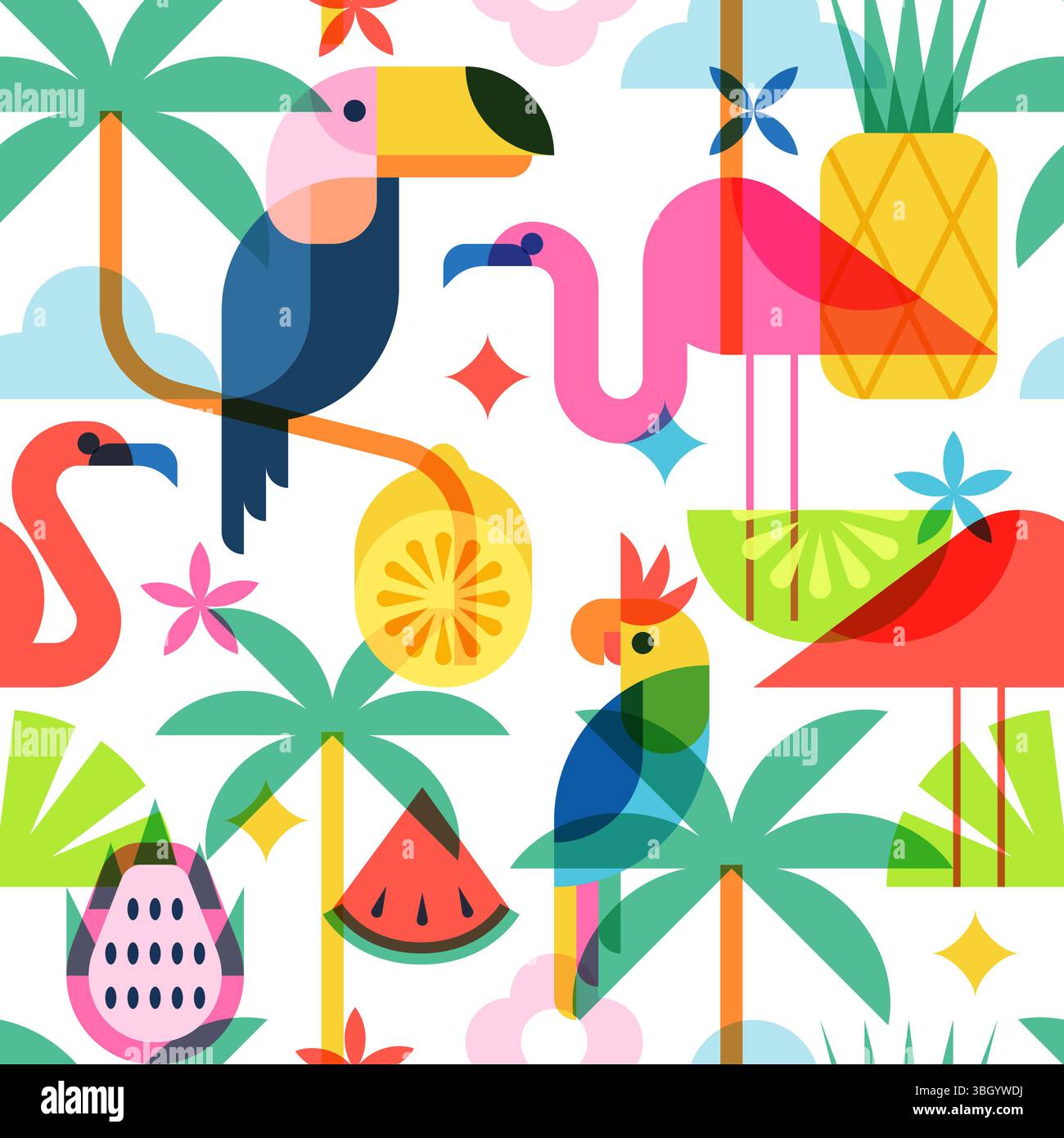 Fantasia tropicale estiva senza cuciture. Design vettoriale piatto con fenicottero, palme, tucano, ananas e anguria. Perfetto per le stampe delle vacanze al mare, fashi Illustrazione Vettoriale