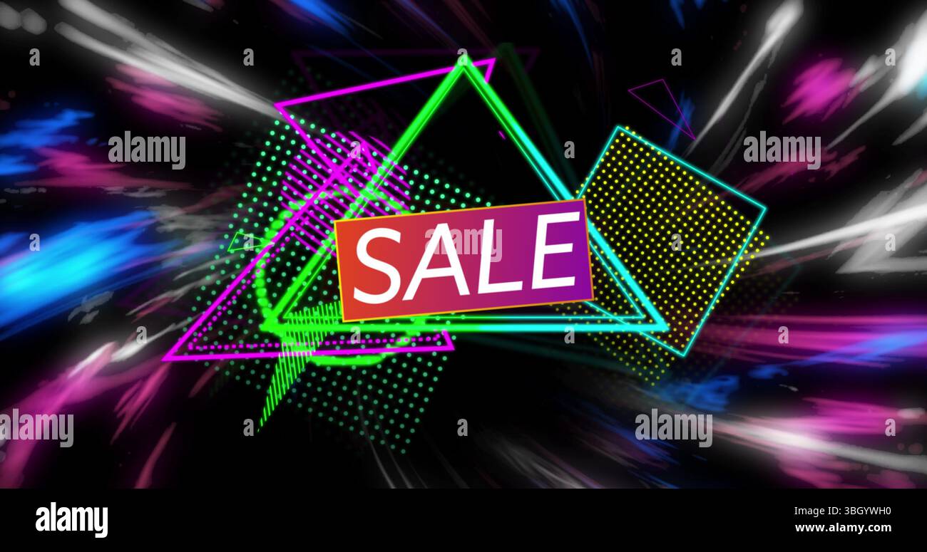 Immagine della vendita su triangoli e luci su sfondo nero Foto Stock