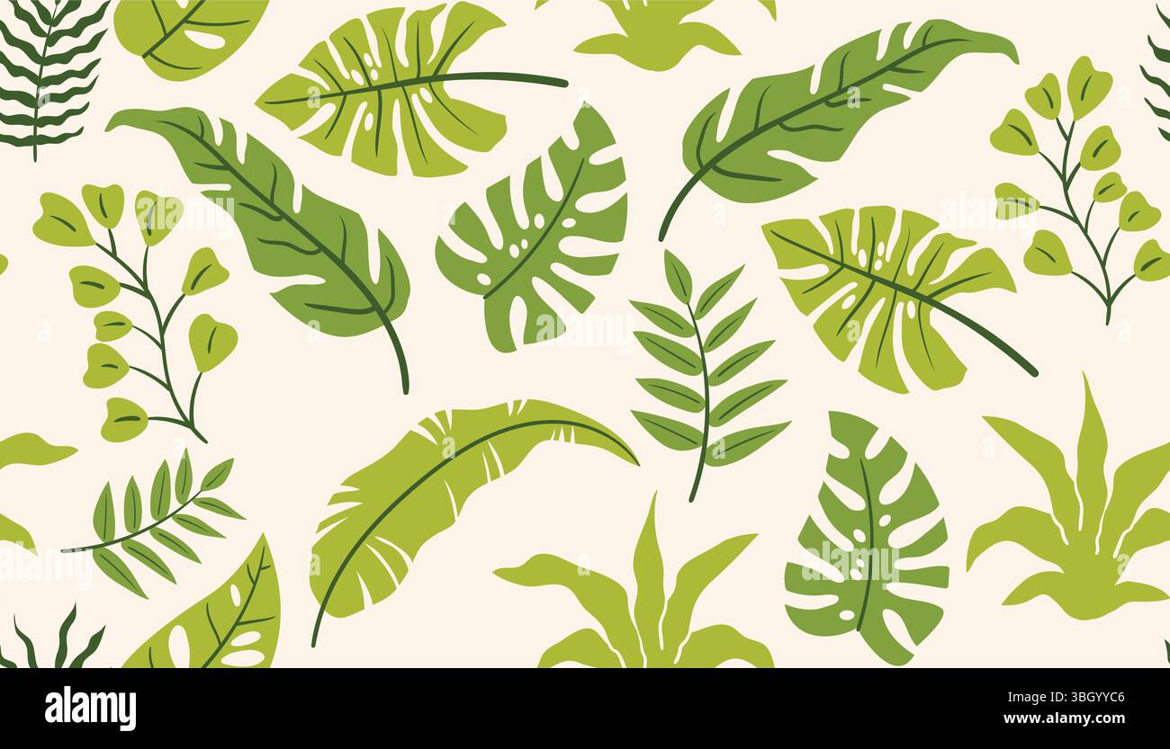 Colorato motivo a foglie tropicali con palme e mostera in un divertente look da cartone animato piatto. Ideale per design a tema estivo, confezionamento, cancelleria o fa Illustrazione Vettoriale