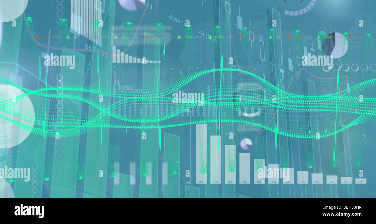 Immagine di vari grafici e grafici e schemi d'onda illuminati che si spostano su sfondo astratto Foto Stock