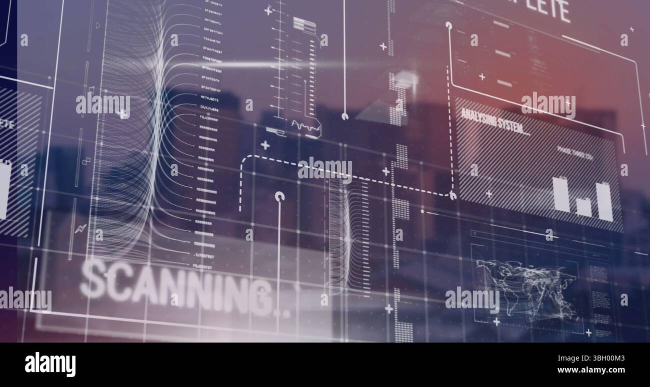 L'interfaccia hud digitale esegue la scansione e l'analisi del database che rappresenta la tecnologia moderna Foto Stock