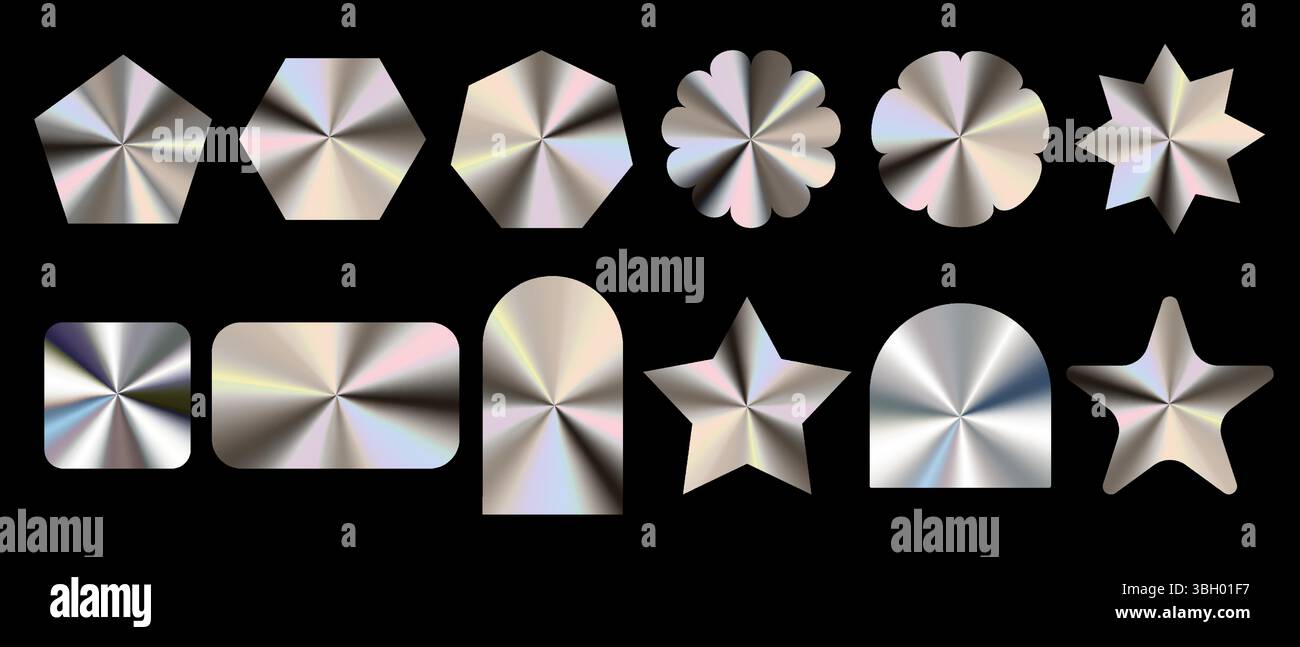 Set di adesivi olografici in argento lucido, ologrammi etichette di forme geometriche, emblemi per il design, pacchetto illustrativo vettoriale Illustrazione Vettoriale