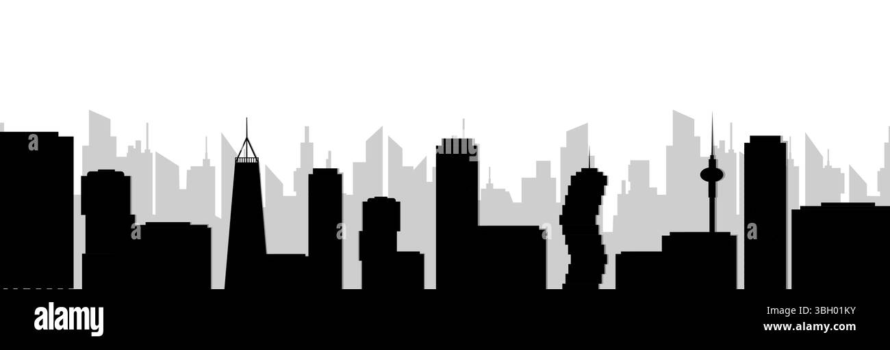 Panorama cittadino di silhouette urbane su un cielo limpido in uno stile minimalista in bianco e nero Illustrazione Vettoriale