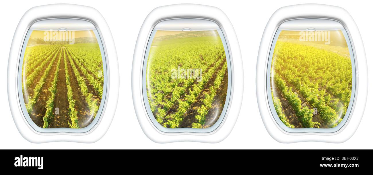 Finestre piane sulla Napa Valley al tramonto, California, Stati Uniti, da un aereo attraverso la finestra dell'oblò. Copia spazio, Nord America Foto Stock