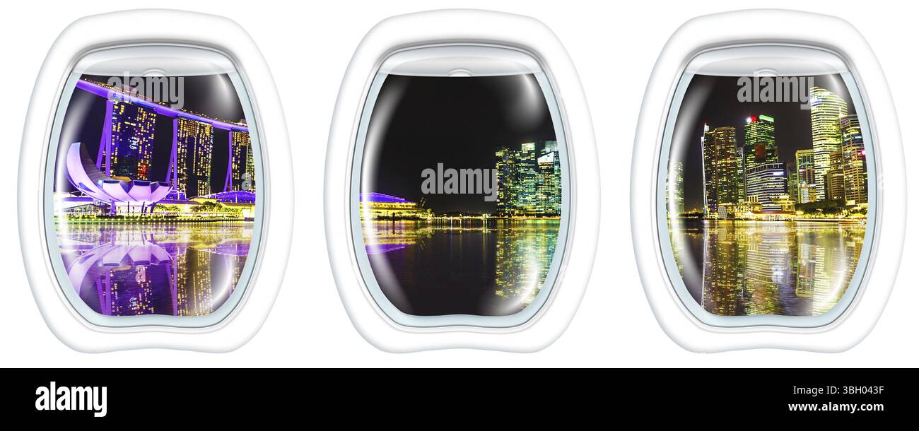 Tre finestre a oblò sugli edifici Panorama di Singapore e sui grattacieli del centro che si riflettono sul mare. Skyline di Singapore di notte. Sc. Notte Foto Stock