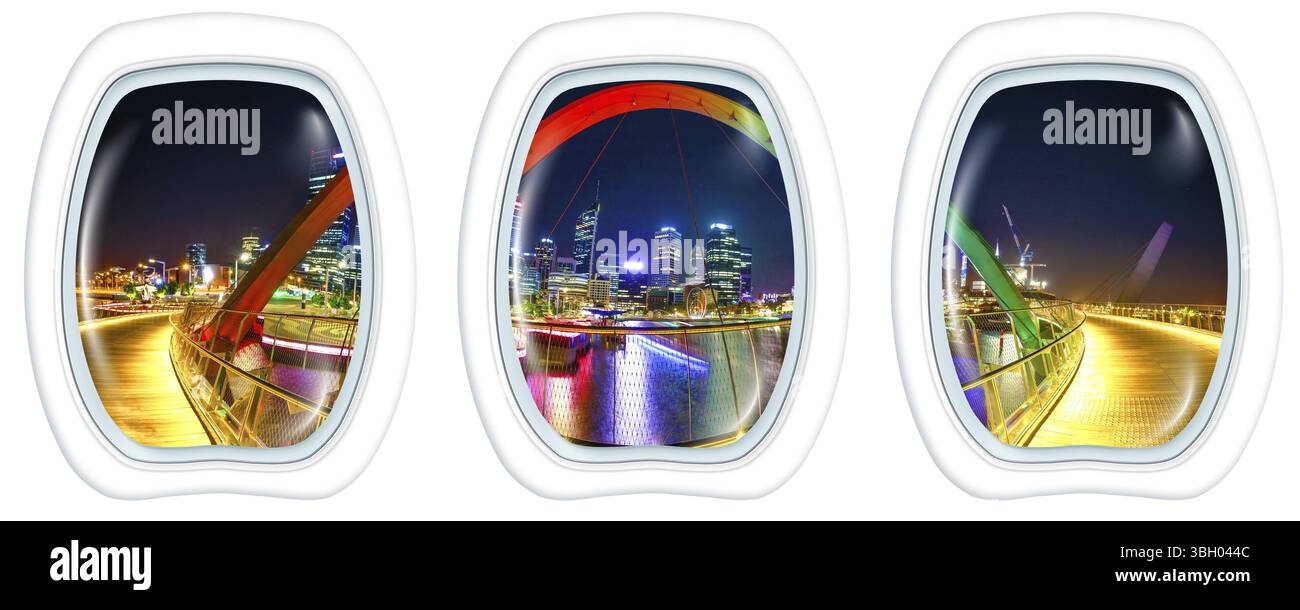 Piano di tre finestre sulla banchina di Elizabeth Bridge di notte a Elizabeth Quay Marina a Perth in Australia, a partire da un piano sull'oblò di windows. Copia spac Foto Stock