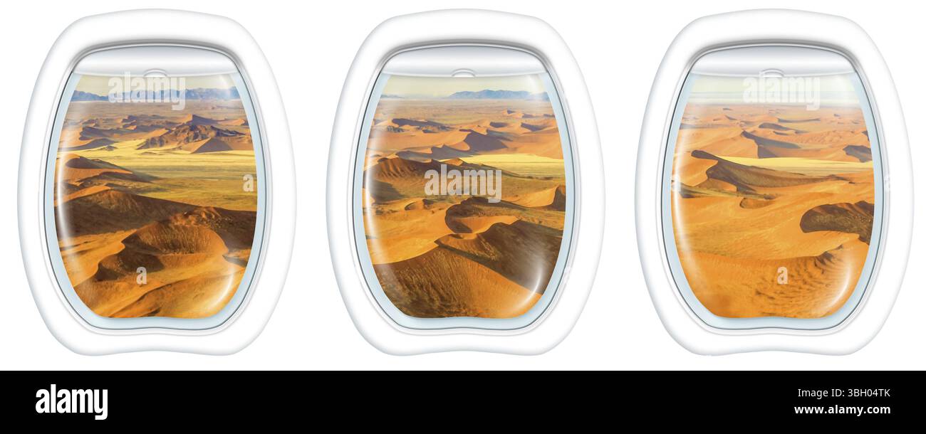 Tre finestre piane sulla Dead Valley, nel deserto di Sossusvlei nel Namib Naukluft National Park, Namibia, da un aereo sulle finestre dell'oblò. Copia spazio, Afri Foto Stock