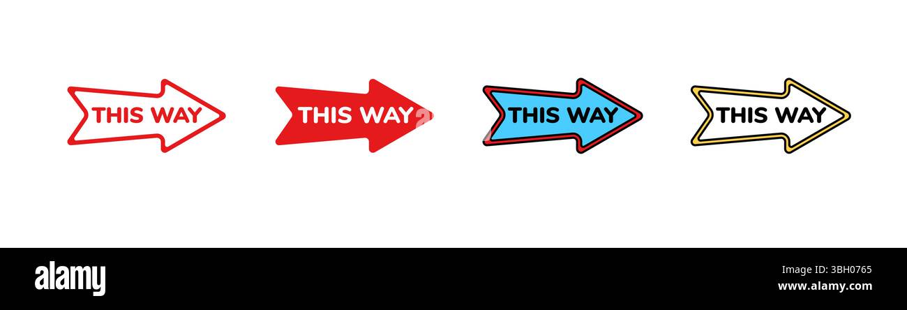 Insieme di icone di frecce direzionali con testo in vari stili e colori Illustrazione Vettoriale