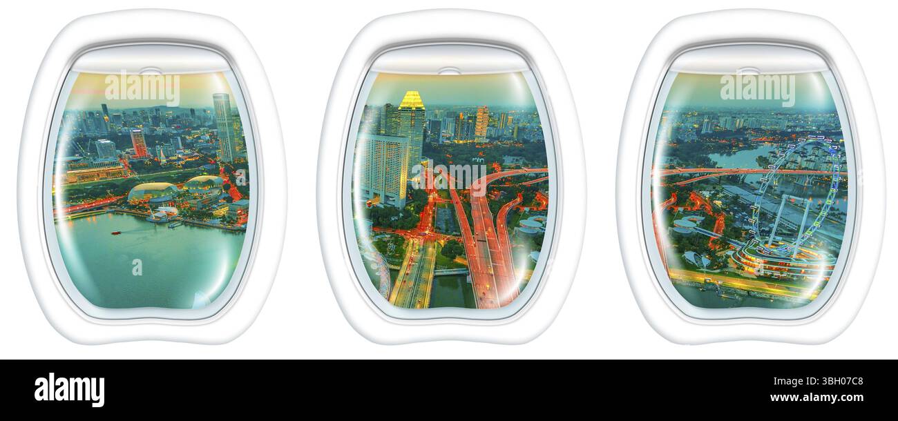 Le finestre panoramiche volano sopra il panorama crepuscolo di Singapore all'alba. Scena aerea urbana notturna dall'interno dell'aereo con il paesaggio urbano di Singapore con i Iris Foto Stock