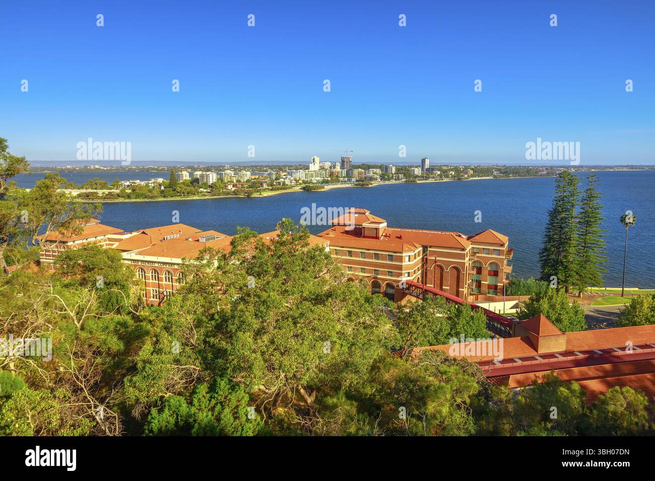 Vista aerea del sobborgo di South Perth dal Kings Park e dal giardino botanico sul fiume Swan, Australia Occidentale. Giorno di sole, cielo blu con spazio per le copie. Pert Foto Stock