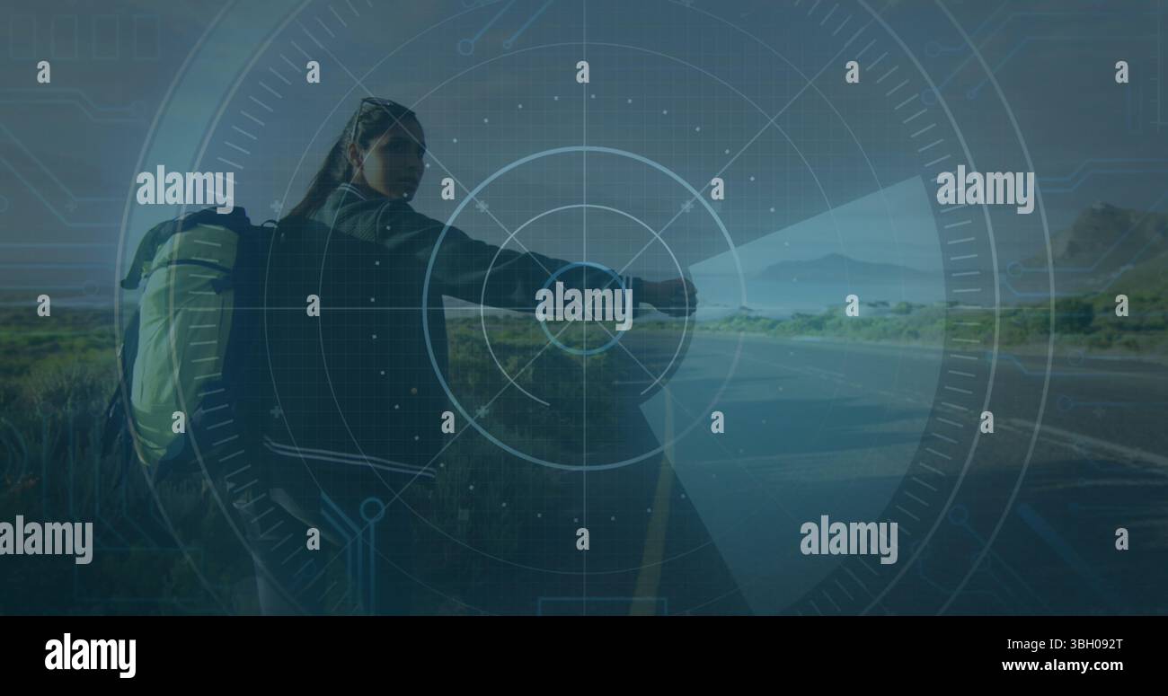 Immagine della scansione dell'oscilloscopio con elaborazione dei dati su una donna che corre con l'autostop Foto Stock