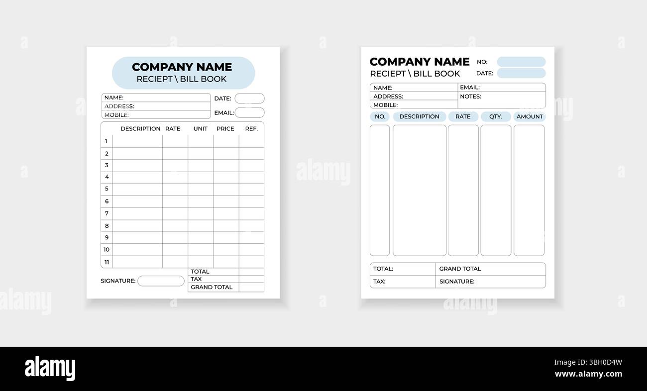 Modelli di modulo di ricevimento stampabili per l'organizzazione finanziaria e di fatturazione Illustrazione Vettoriale