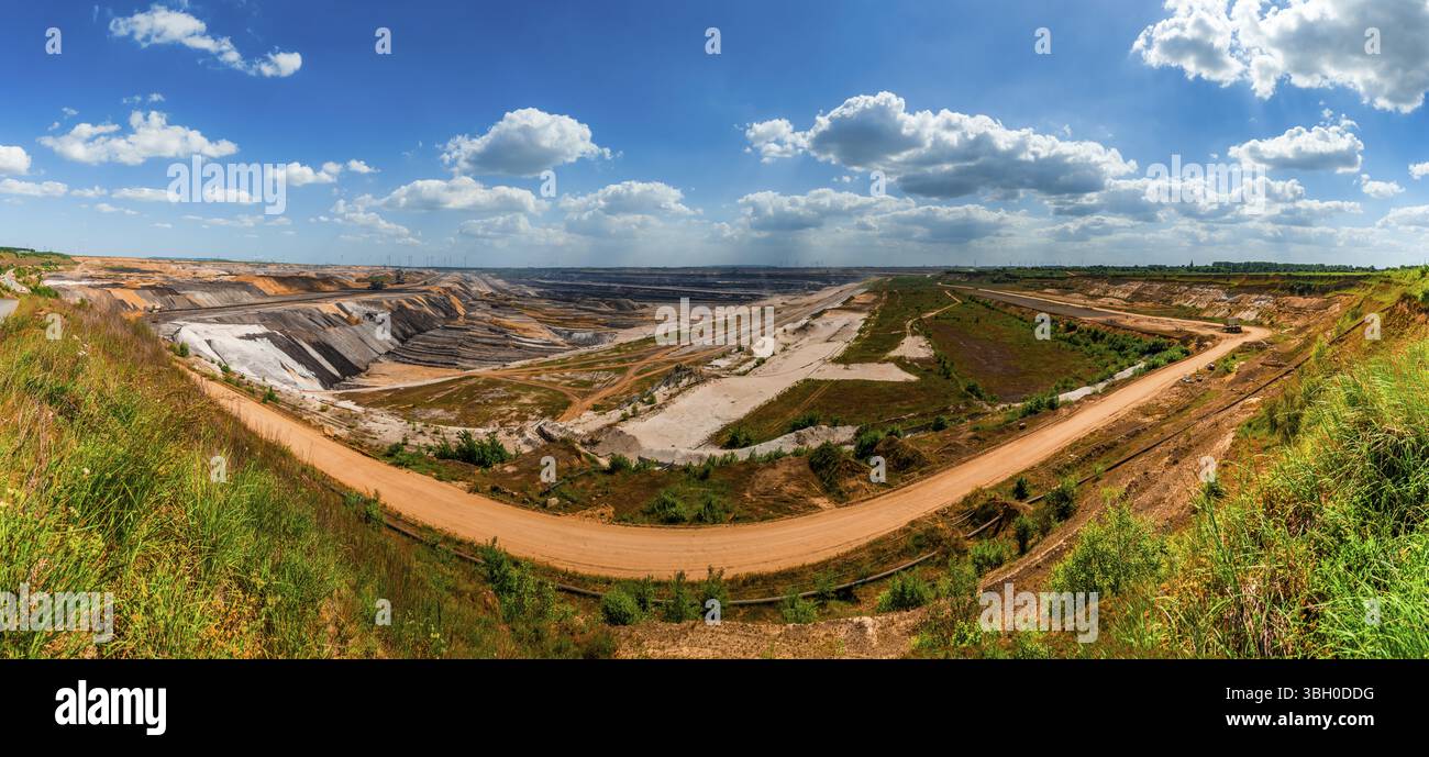 Estrazione a cielo aperto, Garzweiler, carbone, panorama, lignite, energia, economia, industria, generazione di energia, terra pubblica Foto Stock