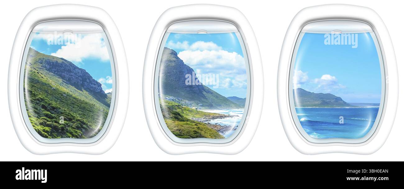 Vista aerea delle Misty Cliffs, Cape Peninsula in Sud Africa, da un aereo attraverso le finestre dell'oblò. Copia spazio Foto Stock