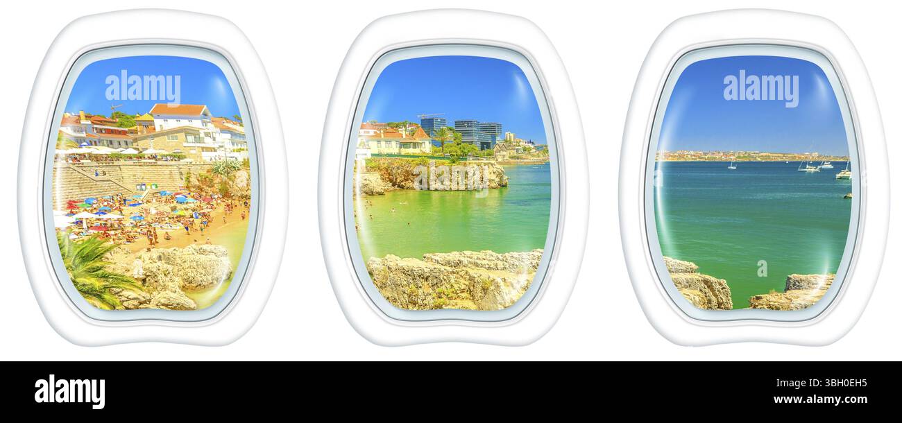 Finestre a oblò su Praia da Rainha, piccola spiaggia con scogliere nella città di Cascais, Portogallo. Volo panoramico sopra lo skyline della costa di Lisbona. Vista aerea wi Foto Stock