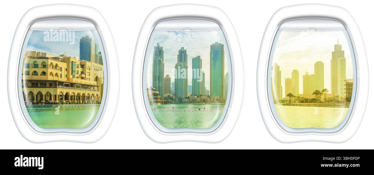 Tre finestre piane sullo skyline dei grattacieli di Dubai al tramonto, negli Emirati Arabi Uniti, da un aereo sulle finestre dell'oblò. Copia spazio, Asia Foto Stock