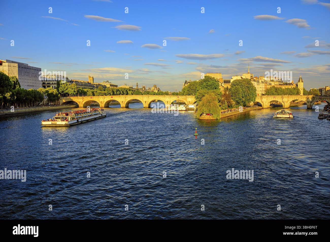 Crociera turistica sulla Senna. Bateau mouche dal ponte di Pont Neuf e dalla chiesa di Notre Dame sullo sfondo. Turisti che visitano i luoghi di interesse più famosi di pari Foto Stock