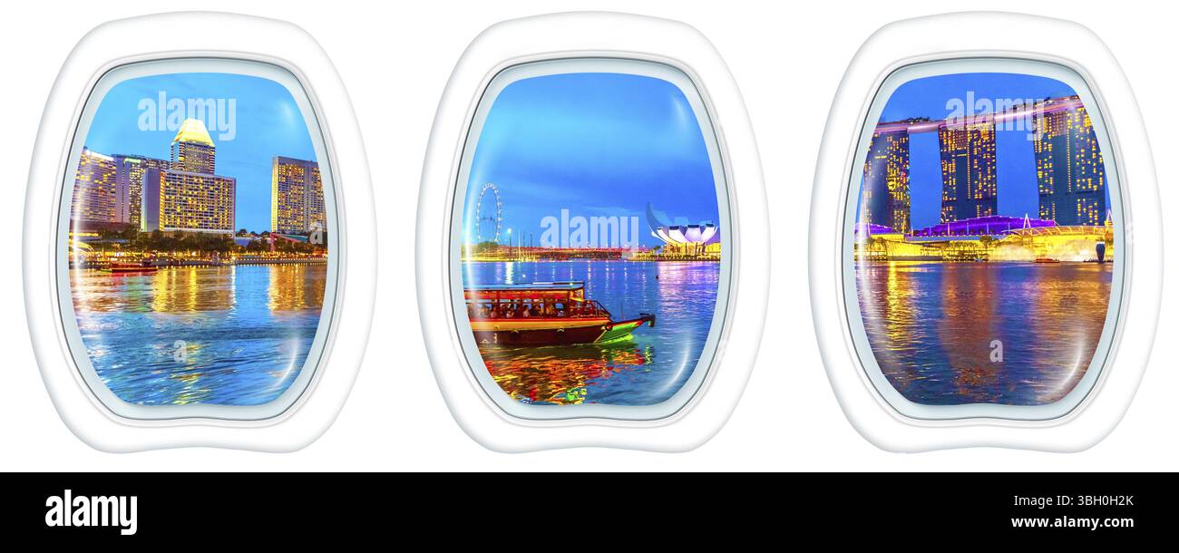 Tre finestre con struttura a oblò sugli edifici Panorama di Singapore, grattacieli e ruota panoramica che si riflettono sul mare e sulla barca turistica notturna. Skyline di Singapore Foto Stock