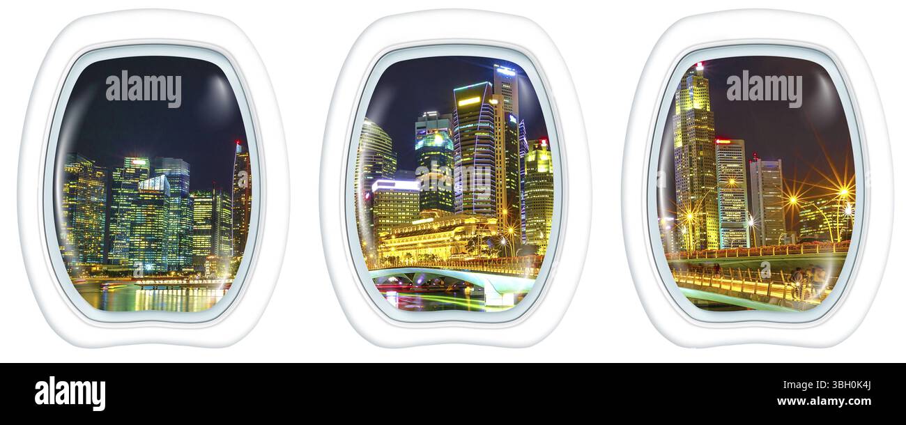 Portefinestre sullo skyline del centro cittadino di Singapore con grattacieli del quartiere finanziario e ponte sulla passeggiata della baia marina. Volo panoramico sopra Singapore Foto Stock