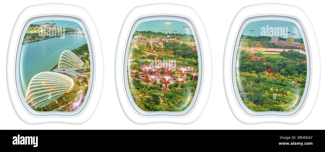 Finestre a oblò che volano sulla baia di Singapore. Volo panoramico sopra i giardini vicino allo skyline della baia. Scena aerea urbana notturna con spazio per copie su sfondo bianco Foto Stock