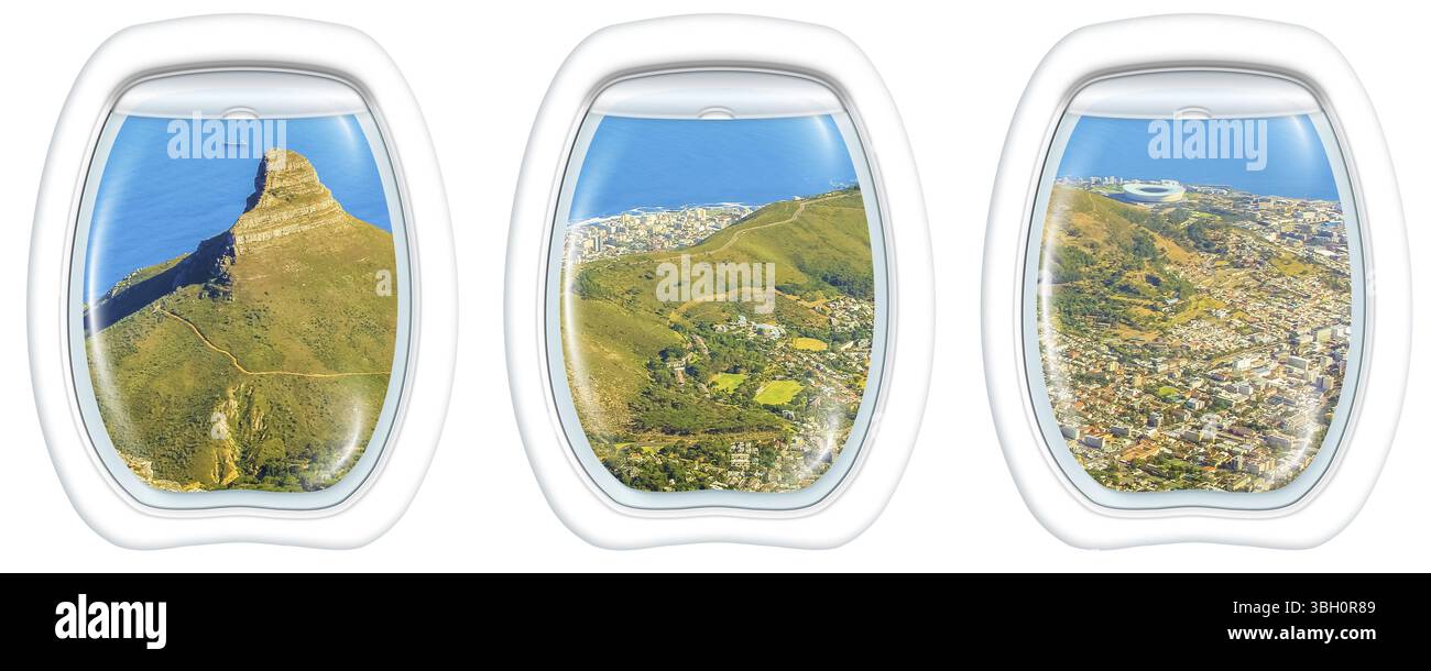 Tre finestre piane su Lion's Head, sulla costa e a città del Capo in Sud Africa, da un aereo sulle finestre dell'oblò. Copia spazio Foto Stock