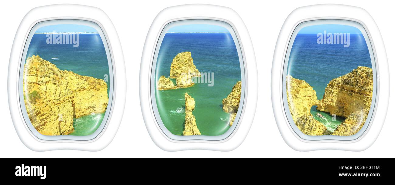 Finestre interne con portello che volano sul paesaggio panoramico di una gita in barca tra le scogliere e le formazioni rocciose naturali di Ponta da Piedade. Vista aerea wi Foto Stock