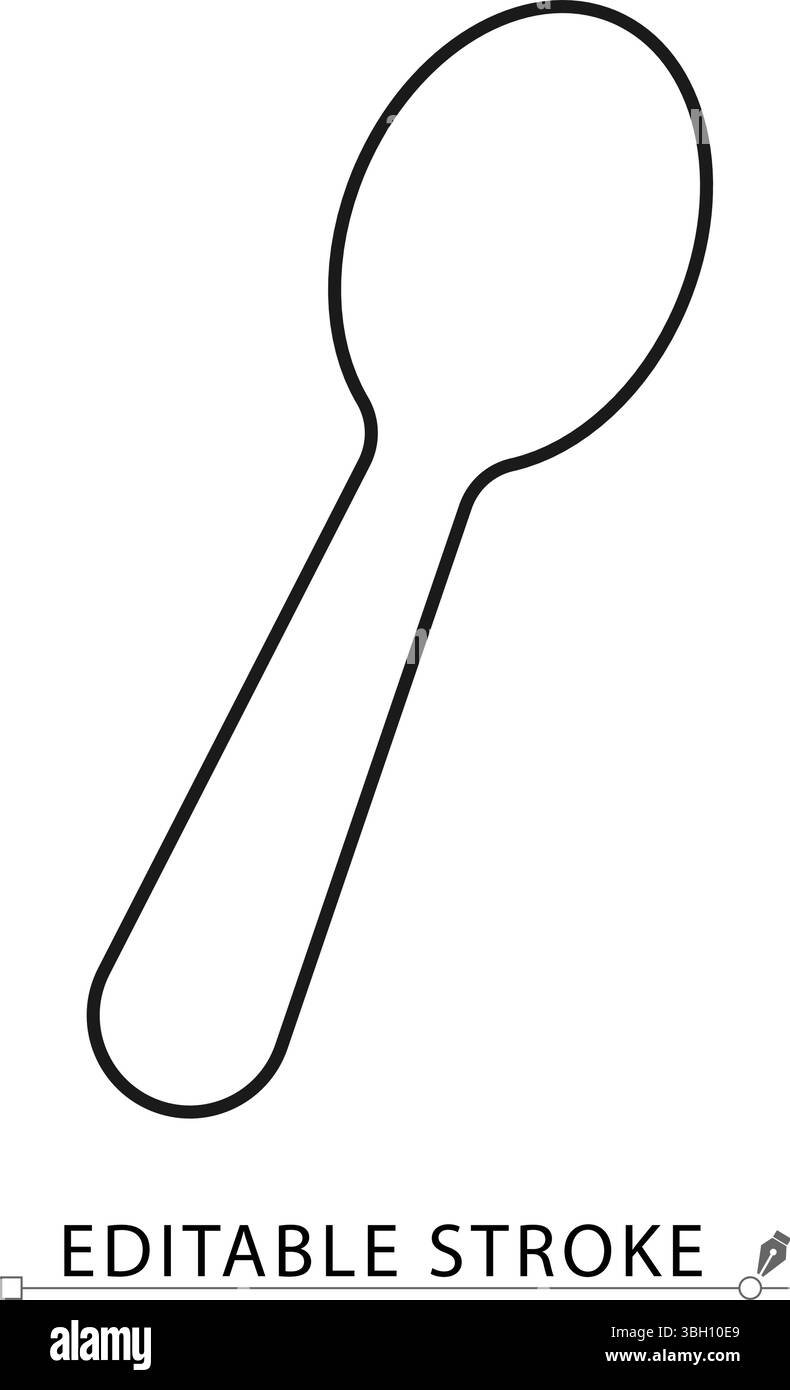 Icona del cucchiaio per bambini in uno stile lineare e pulito. Vettore ictus modificabile, perfetto per l'allattamento, la preparazione del cibo, la cura dei bambini, il design dei genitori e la nursery Illustrazione Vettoriale