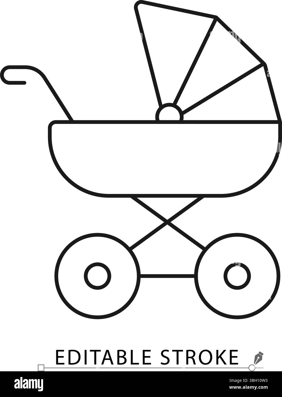 Icona del passeggino in stile lineare e pulito con telaio trasversale e cofano a baldacchino. Vettore ictus modificabile, perfetto per la cura del neonato, il camminare del bambino e la genitorialità Illustrazione Vettoriale