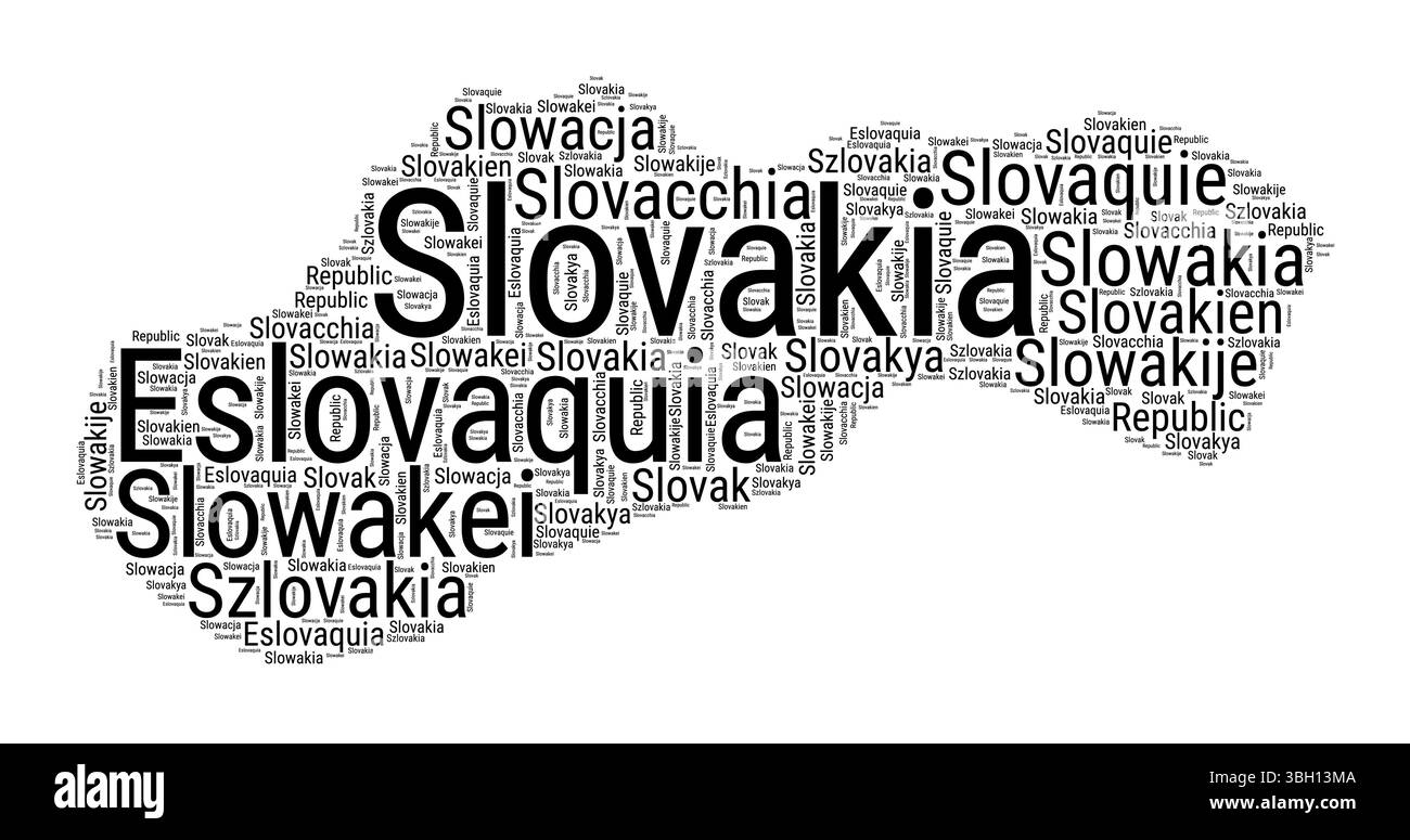 Nuvola di parole in bianco e nero in forma slovacca. Semplice illustrazione del paese in stile tipografico. Nuvola di testo nero in Slovacchia su sfondo bianco. Illustrazione Vettoriale