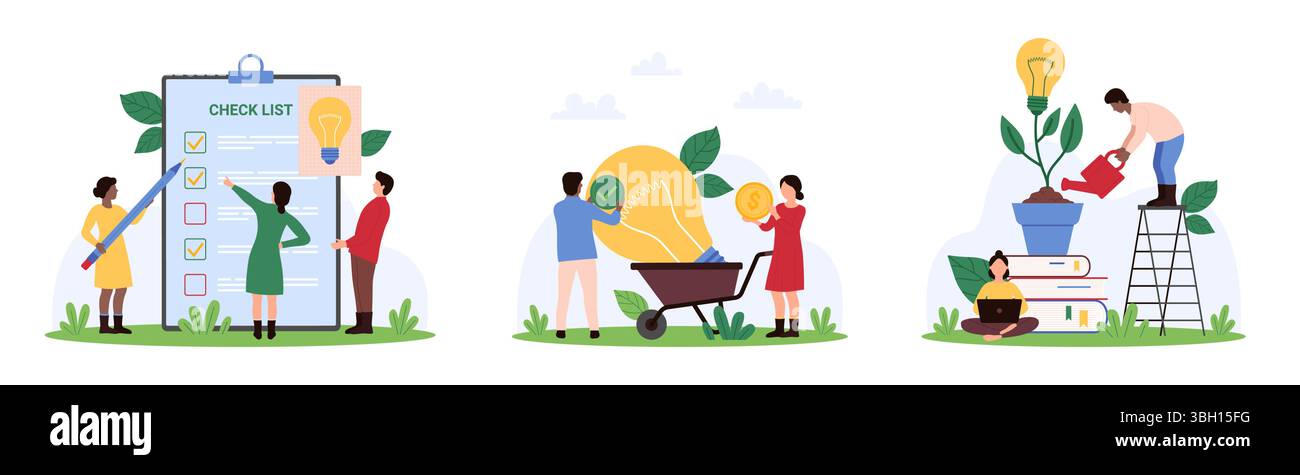 Sviluppo efficace di idee di business, elenco di attività impostato. Piccole persone che tengono una matita e una lampadina per scrivere il segno di spunta, coltivare la pianta della moneta d'oro e portare la lampada per fare soldi illustrazioni vettoriali dei cartoni animati Illustrazione Vettoriale
