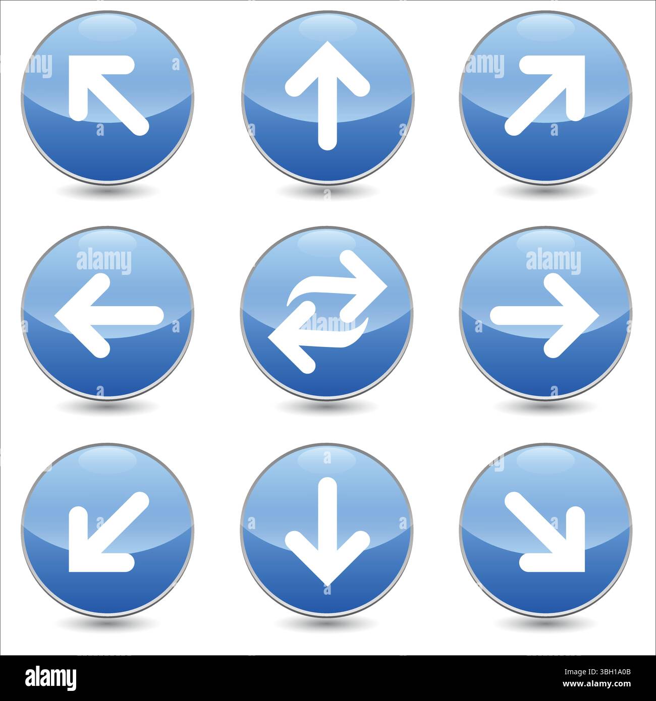 Set di 9 icone lineari vettoriali frecce. icone destra, sinistra, su, giù, ecc. Icona raccolta isolata per siti Web su sfondo blu sferico arrotondato Illustrazione Vettoriale