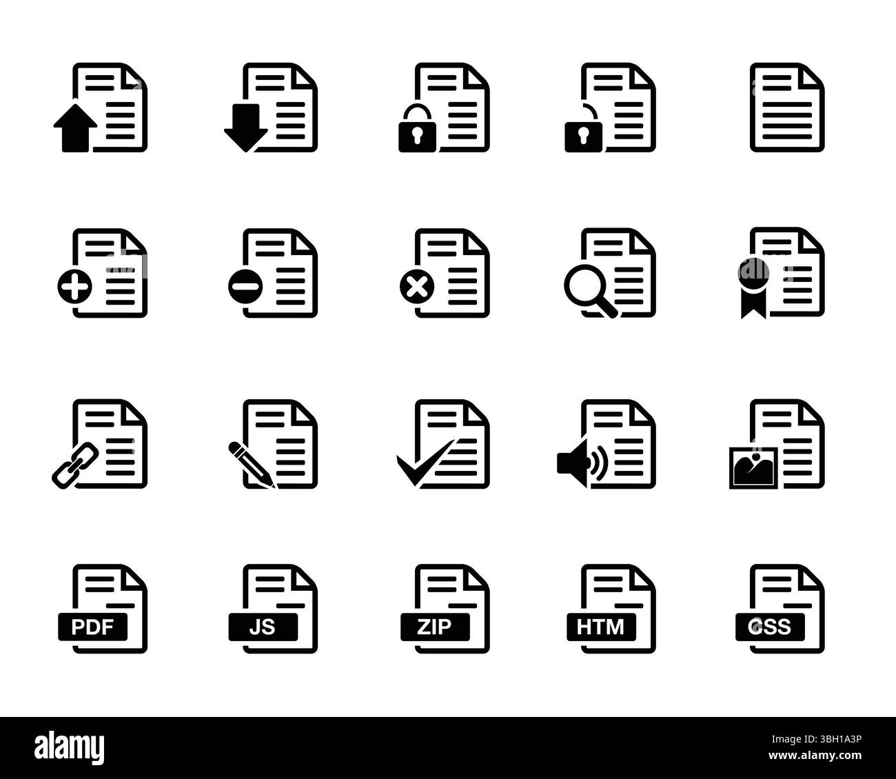 Set di icone vettoriali della pagina del documento. su, giù, blocco, sblocco più, meno, eliminazione, zoom, visualizzazione, collegamento, penna, destra, musica, immagine, pdf, js, zip, htm, css et Illustrazione Vettoriale