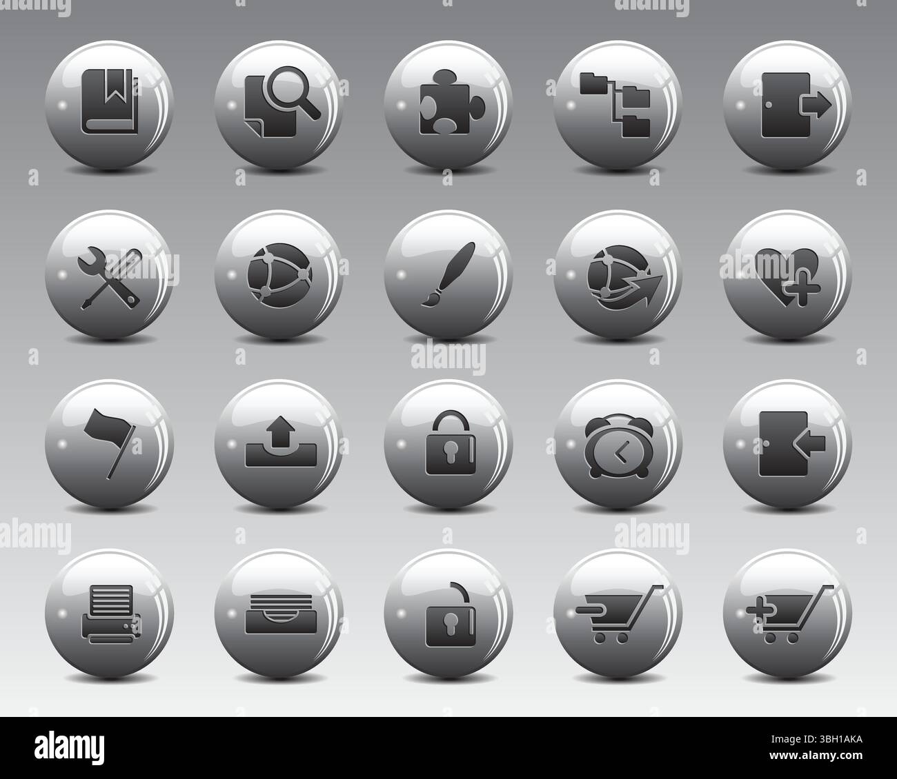Bellissime icone Web su sfera 3d grigia. Contattateci icone vettoriali per computer Web e dispositivi mobili Illustrazione Vettoriale