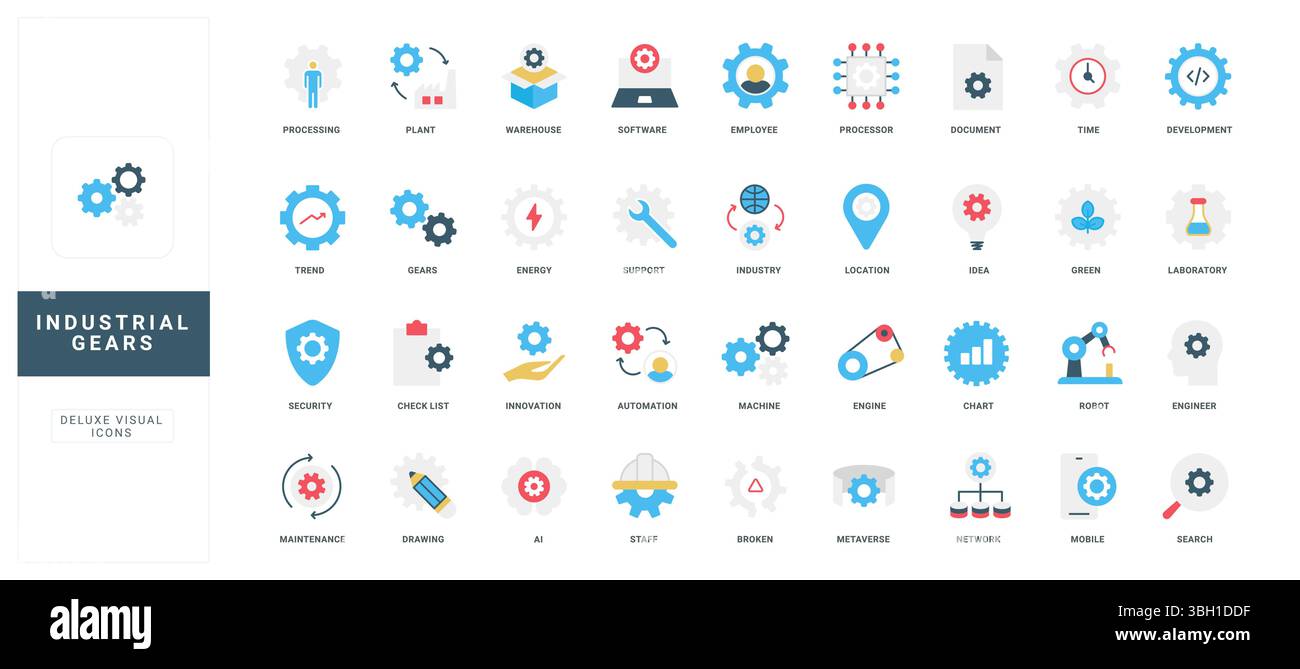 Ingranaggi per processi industriali e ingegneristici, meccanismi di fabbrica, macchinari e motori, set di icone di colori robot. Sviluppo e supporto, idea di automazione del settore, illustrazione vettoriale piatto del magazzino Illustrazione Vettoriale