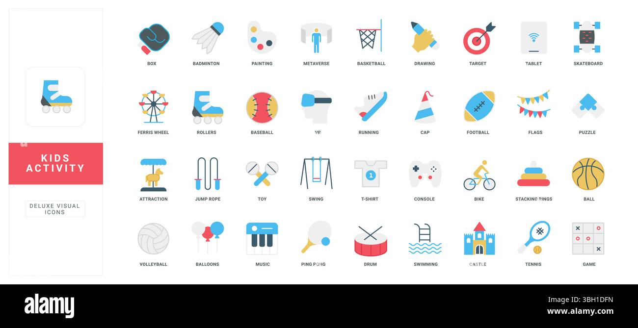 Collezione colorata di icone piatte che mostra varie attività per bambini, tra cui sport, giochi, arte e apprendimento, perfetta per l'istruzione, i siti Web o l'illustrazione vettoriale di progetti di design divertenti Illustrazione Vettoriale