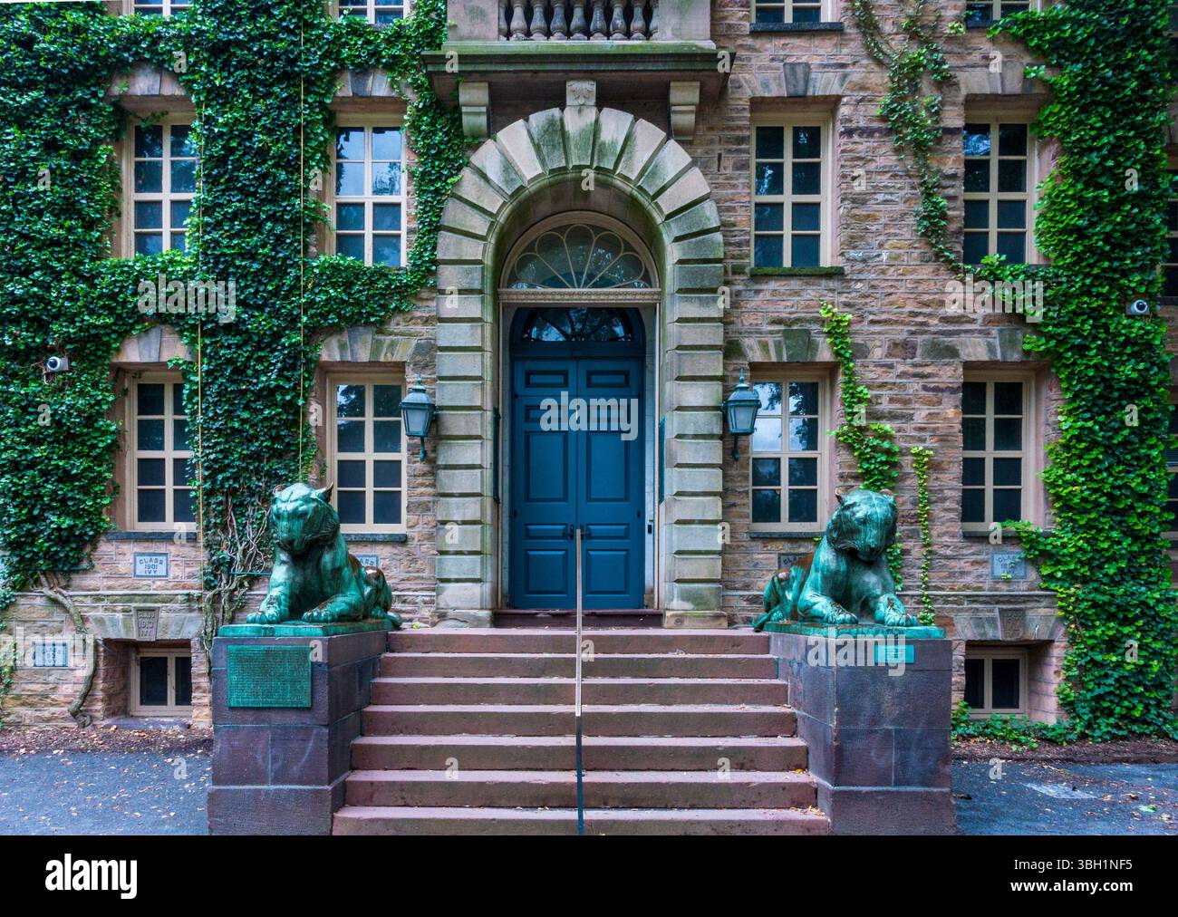 Princeton, New Jersey - US - 31 maggio 2025 Nassau Hall rivestita di edera, l'edificio più antico di Princeton, presenta un'architettura in pietra e le iconiche statue di tigre in bronzo Foto Stock