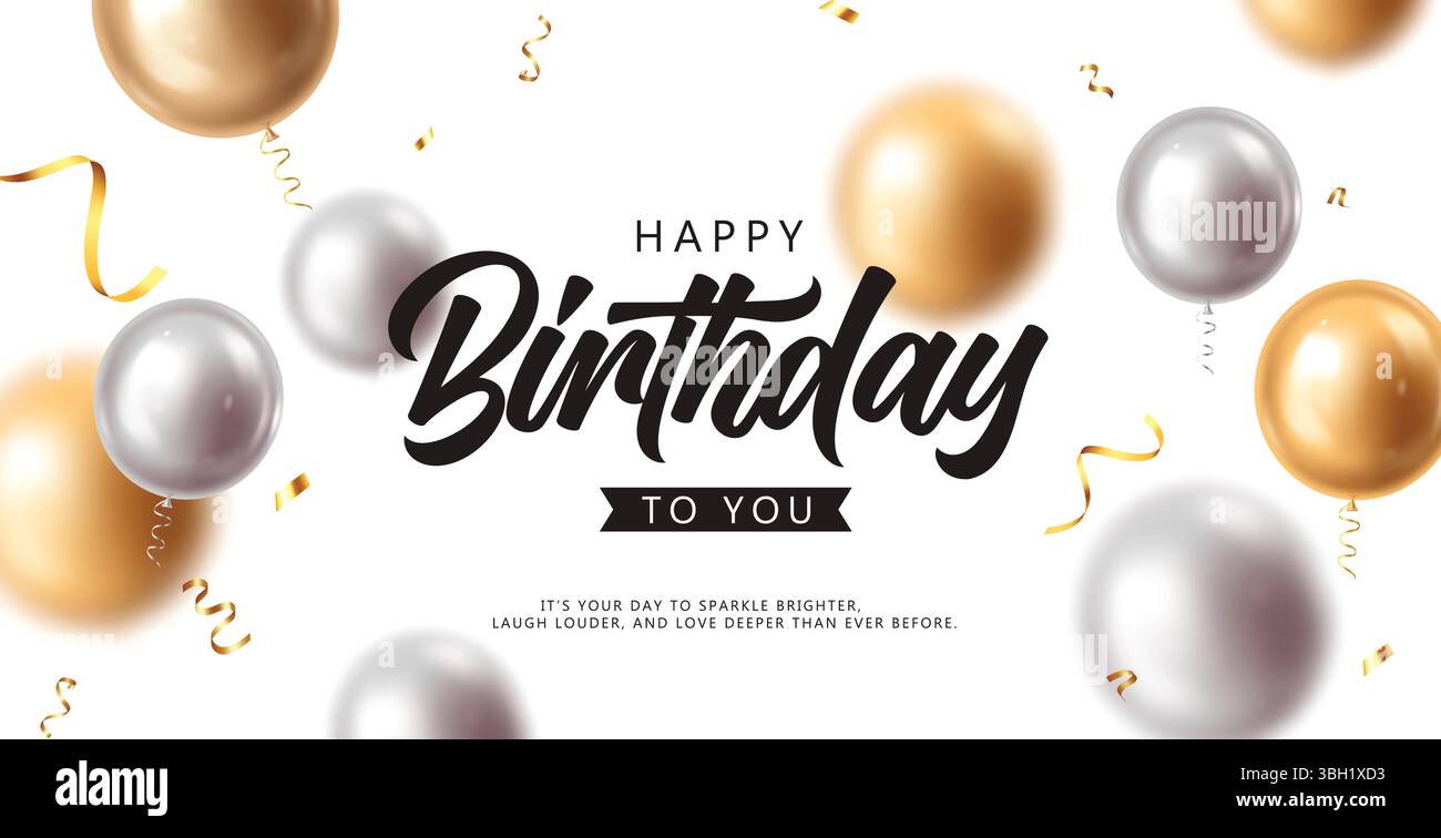Saluto di compleanno minimalista con palloni d'oro e d'argento su sfondo bianco illustrazione vettoriale. Illustrazione Vettoriale