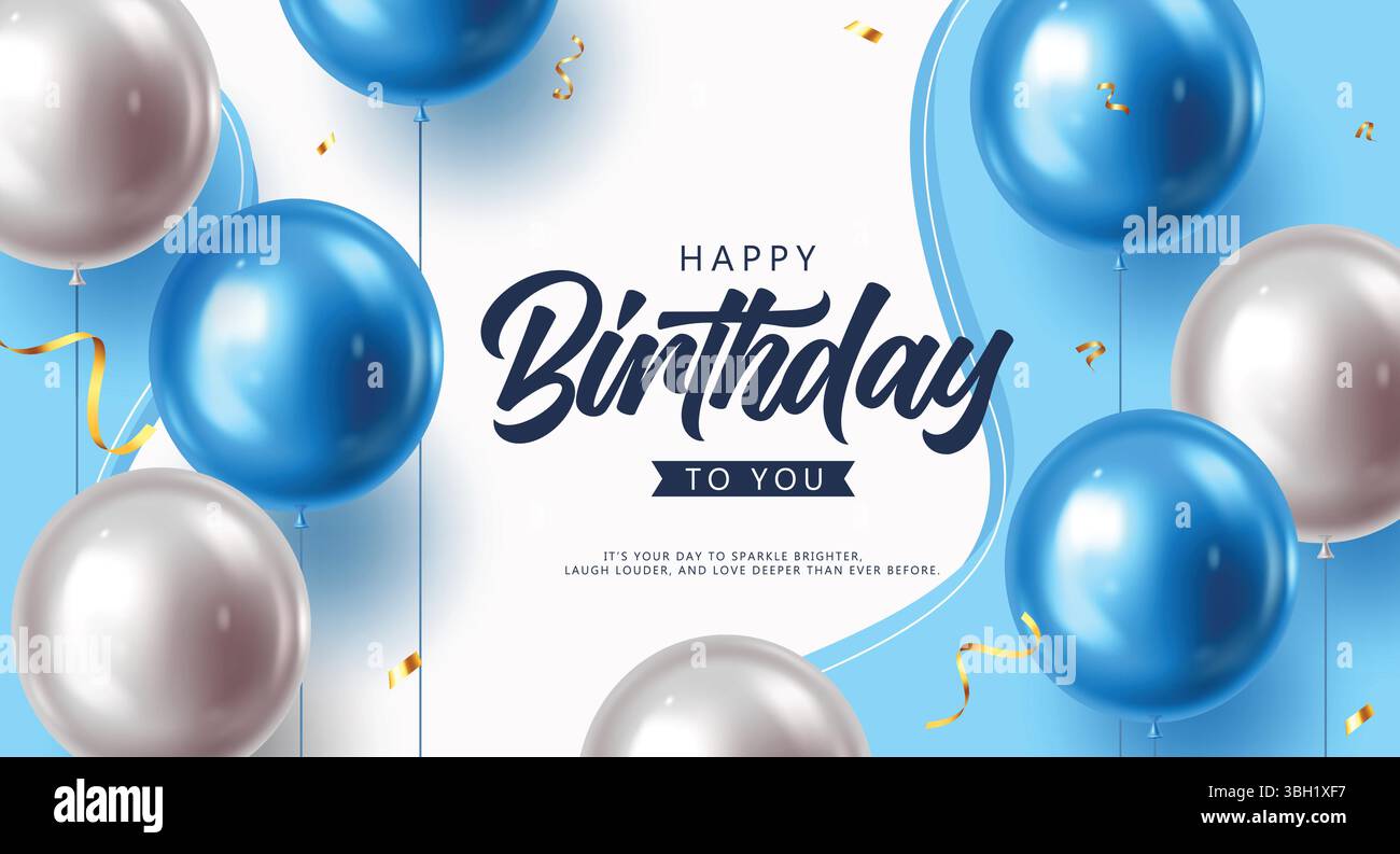 Elegante saluto di compleanno con palloncini metallizzati e illustrazione vettoriale a coriandoli. Illustrazione Vettoriale