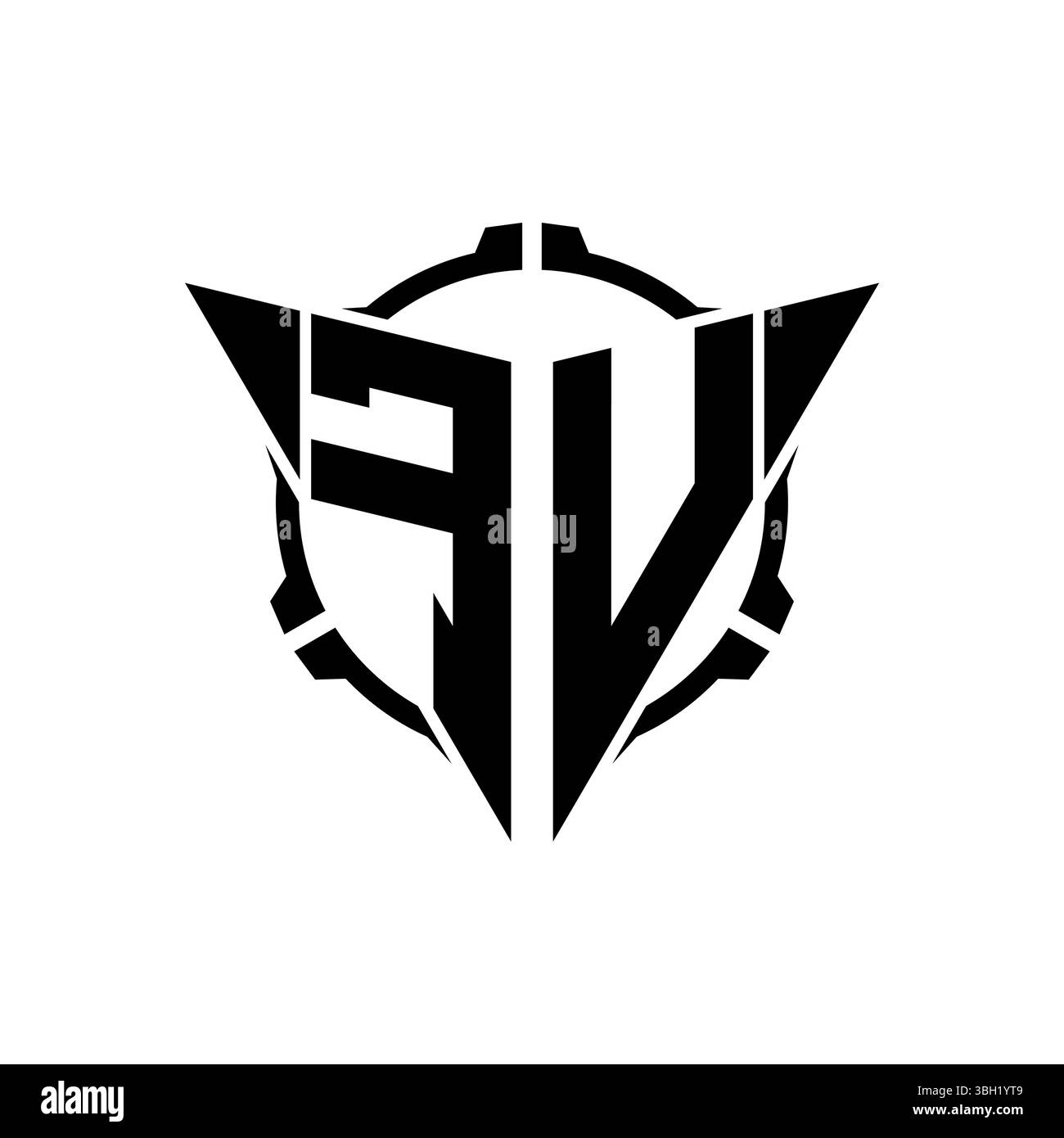 Logo FV Gaming iniziale con oscilloscopio geometrico moderno con triangolo arrotondato Sniper Design in stile tattico su sfondo isolato, monogramma minimalista per videogame Illustrazione Vettoriale