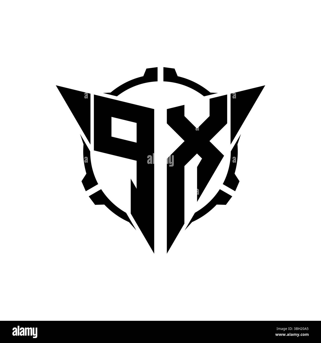 Logo PX Gaming iniziale con oscilloscopio arrotondato triangolo moderno geometrico Sniper Design in stile tattico su sfondo isolato, monogramma minimalista per videogame Illustrazione Vettoriale