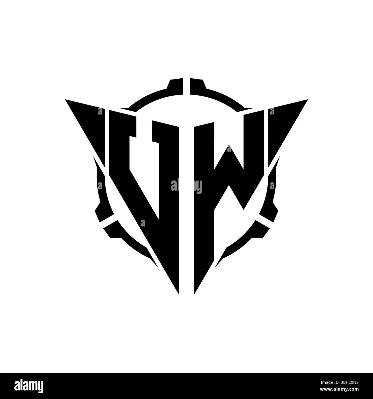 Logo UW Gaming iniziale con oscilloscopio geometrico moderno con triangolo arrotondato Sniper Design in stile tattico su sfondo isolato, monogramma minimalista per videogame Illustrazione Vettoriale