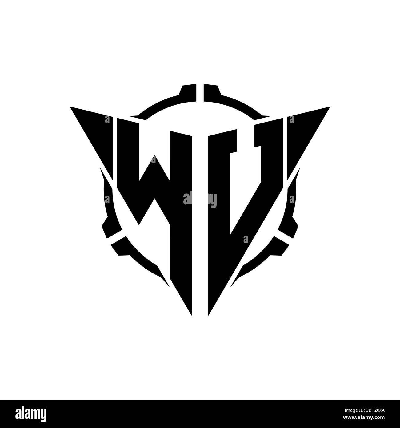 Logo WU Gaming iniziale con oscilloscopio geometrico moderno con triangolo arrotondato Sniper Design in stile tattico in sfondo isolato, monogramma minimalista per videogame Illustrazione Vettoriale